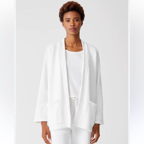 Eileen Fisher White French Terry High Collar Open Front Cardigan - Picture 1 of 13